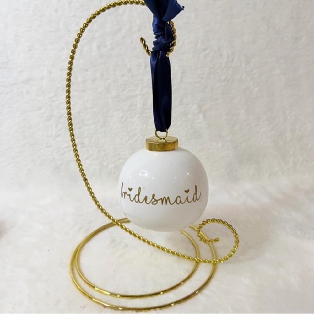 Elegant‎ White and Gold Bridesmaid Ceramic Glass Ornament Blue Ribbon